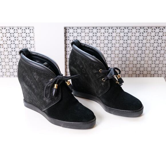 Louis Vuitton Black Suede Leather Wedge Monogram Embossed Booties (IT 40, US 10) - Picture 1 of 9